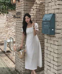 ロングワンピース ボタンパフシャーリングロングワンピース IVORY