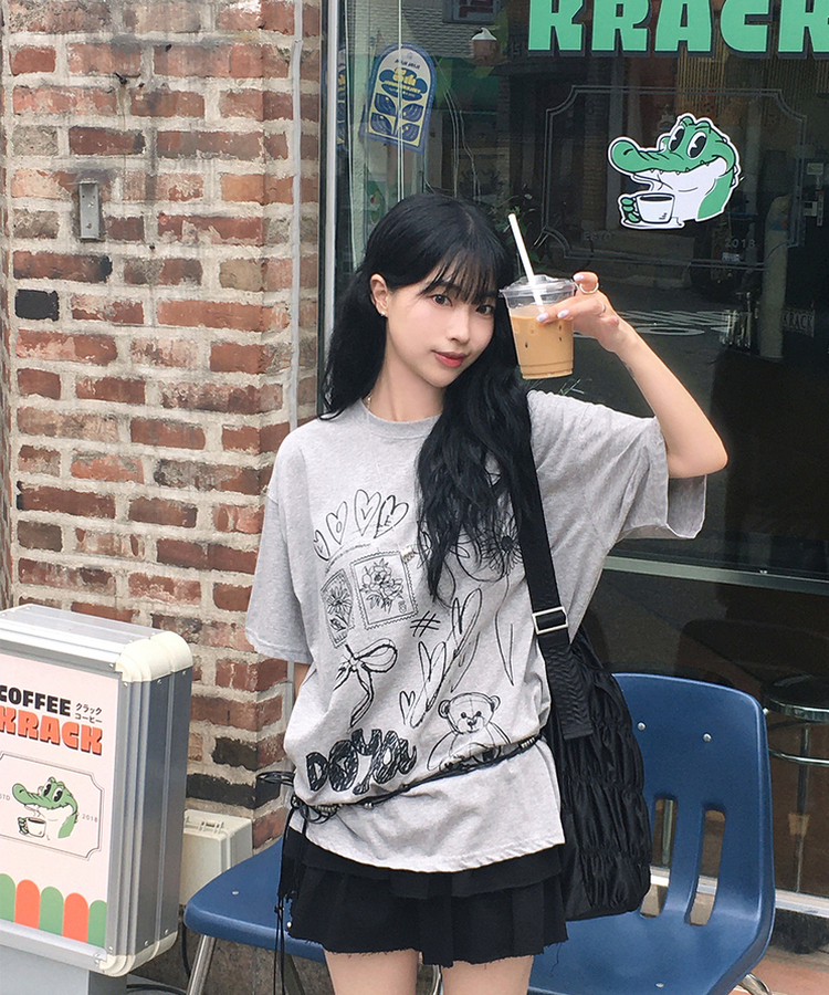 スタンプドローイング半袖Tシャツ GREY