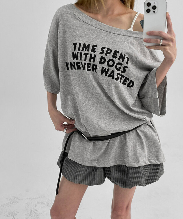 レタリングオフショルダー半袖Tシャツ GREY