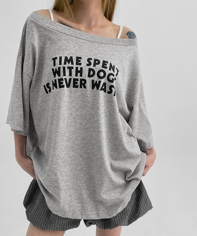 レタリングオフショルダー半袖Tシャツ GREY