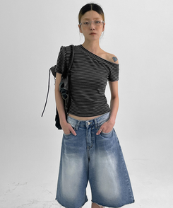 半袖Tシャツ スリムワンショルダー半袖Tシャツ STRIPE+BLACK