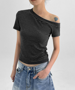 半袖Tシャツ スリムワンショルダー半袖Tシャツ STRIPE+BLACK