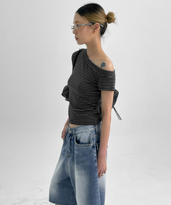 半袖Tシャツ スリムワンショルダー半袖Tシャツ STRIPE+BLACK