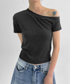半袖Tシャツ スリムワンショルダー半袖Tシャツ STRIPE+BLACK