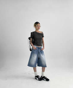 半袖Tシャツ スリムワンショルダー半袖Tシャツ STRIPE+BLACK