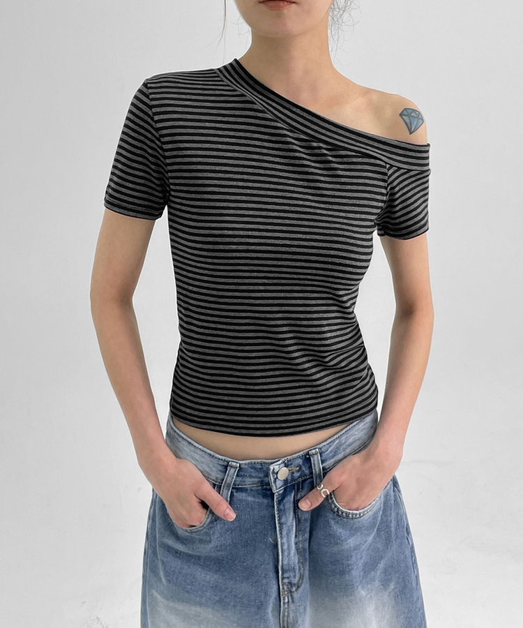 スリムワンショルダー半袖Tシャツ STRIPE+BLACK