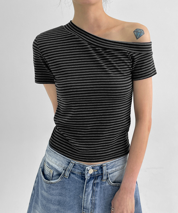 スリムワンショルダー半袖Tシャツ STRIPE+BLACK