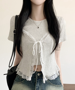 半袖Tシャツ 【SET】レースビスチェ半袖Tシャツ GRAY