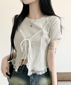 半袖Tシャツ 【SET】レースビスチェ半袖Tシャツ GRAY