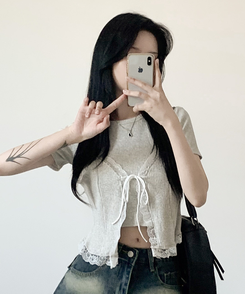半袖Tシャツ 【SET】レースビスチェ半袖Tシャツ GRAY