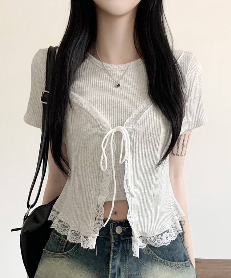 【SET】レースビスチェ半袖Tシャツ GRAY