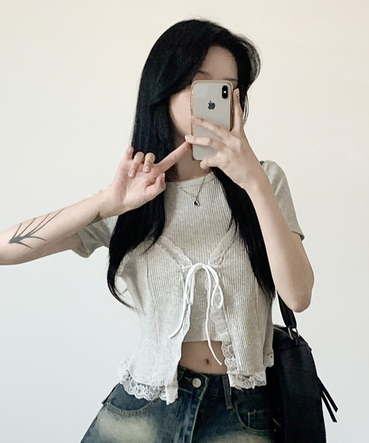 【SET】レースビスチェ半袖Tシャツ GRAY