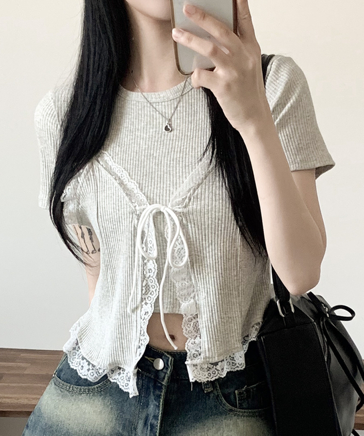 【SET】レースビスチェ半袖Tシャツ GRAY