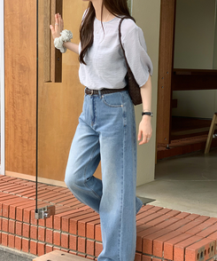 ブラウス グロッシー半袖ブラウス ASH BLUE