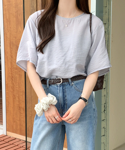 ブラウス グロッシー半袖ブラウス ASH BLUE