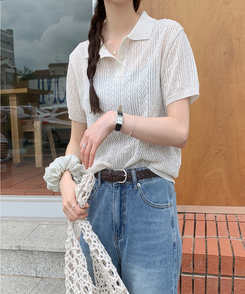 半袖Tシャツ シースルーリネン半袖ニット OATMEAL