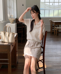 半袖Tシャツ シースルーリネン半袖ニット OATMEAL