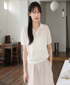 半袖Tシャツ シースルーリネン半袖ニット OATMEAL