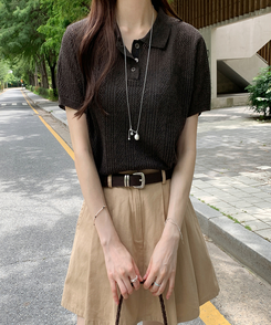 半袖Tシャツ シースルーリネン半袖ニット BROWN