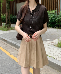 半袖Tシャツ シースルーリネン半袖ニット BROWN