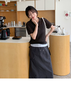 半袖Tシャツ シースルーリネン半袖ニット BROWN