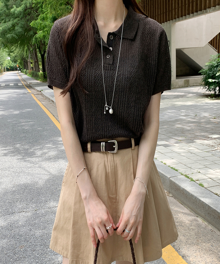 シースルーリネン半袖ニット BROWN