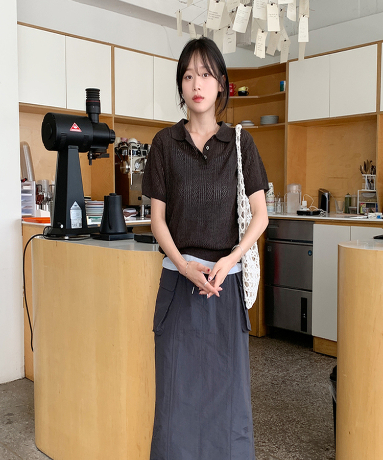 シースルーリネン半袖ニット BROWN