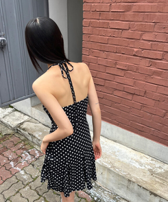 ミニワンピース ドットホルターストラップワンピース BLACK