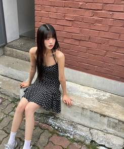 ミニワンピース ドットホルターストラップワンピース BLACK