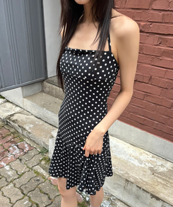 ミニワンピース ドットホルターストラップワンピース BLACK