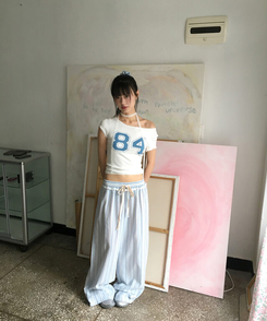 コットンパンツ ストライプフリルワイドパンツ STRIPE
