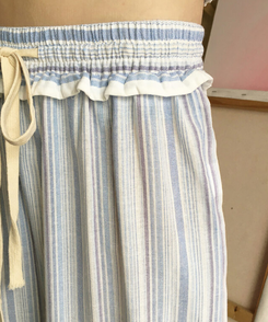 コットンパンツ ストライプフリルワイドパンツ STRIPE