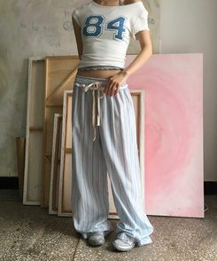 コットンパンツ ストライプフリルワイドパンツ STRIPE