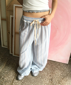 コットンパンツ ストライプフリルワイドパンツ STRIPE