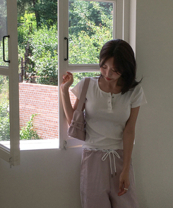 半袖Tシャツ ボタンコットンスパン半袖Tシャツ(5color) IVORY