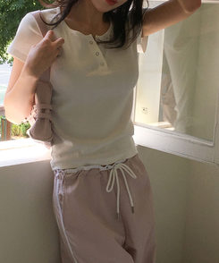 半袖Tシャツ ボタンコットンスパン半袖Tシャツ(5color) IVORY