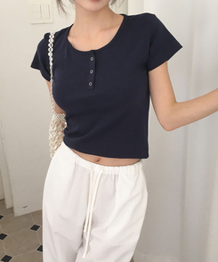 半袖Tシャツ ボタンコットンスパン半袖Tシャツ(5color) NAVY