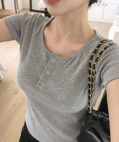 半袖Tシャツ ボタンコットンスパン半袖Tシャツ(5color) MELANGE GRAY