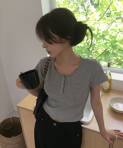 半袖Tシャツ ボタンコットンスパン半袖Tシャツ(5color) MELANGE GRAY