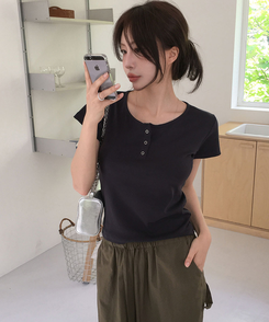 半袖Tシャツ ボタンコットンスパン半袖Tシャツ(5color) CHARCOAL
