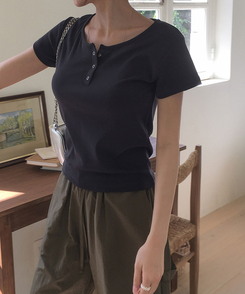 半袖Tシャツ ボタンコットンスパン半袖Tシャツ(5color) CHARCOAL