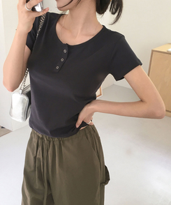 半袖Tシャツ ボタンコットンスパン半袖Tシャツ(5color) CHARCOAL
