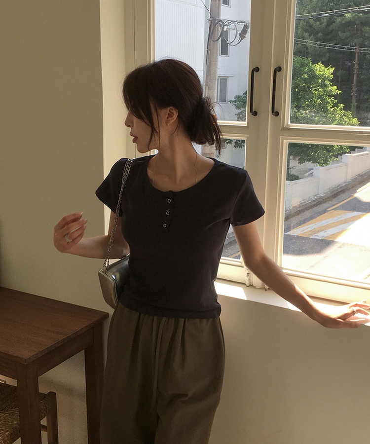 ボタンコットンスパン半袖Tシャツ(5color) CHARCOAL