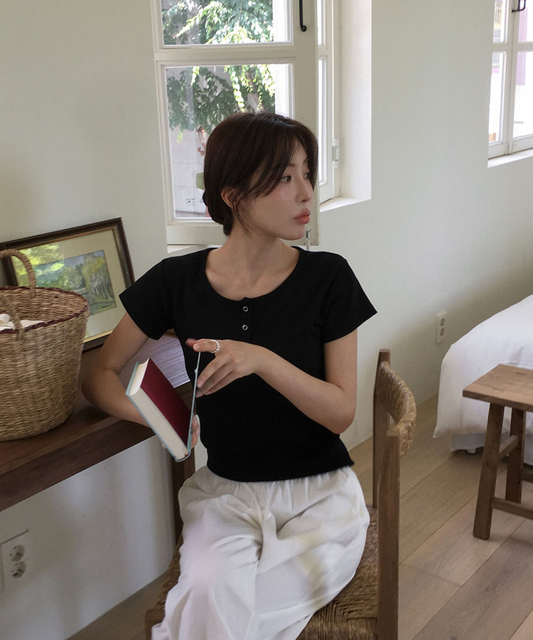 ボタンコットンスパン半袖Tシャツ(5color) BLACK