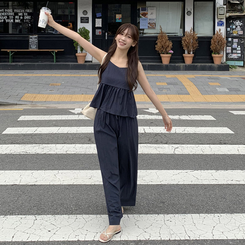 ツーピース (ビスチェ+パンツSET/サマーコーデ)セレアブラウス&タックワイドバンドパンツ ツーピースセット NAVY