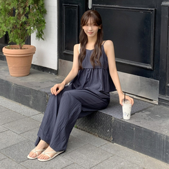 ツーピース (ビスチェ+パンツSET/サマーコーデ)セレアブラウス&タックワイドバンドパンツ ツーピースセット NAVY