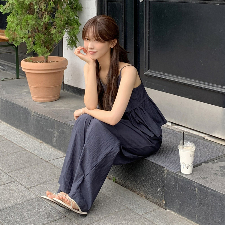 （ビスチェ＋パンツSET／サマーコーデ）セレアブラウス＆タックワイドバンドパンツ ツーピースセット NAVY