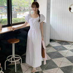 ロングワンピース (リゾートルック/体型カバーフィット/ウエストリボン)キエラ Aライン パフスリーブ 半袖ロングワンピース IVORY