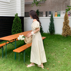 ロングワンピース (リゾートルック/体型カバーフィット/ウエストリボン)キエラ Aライン パフスリーブ 半袖ロングワンピース BEIGE
