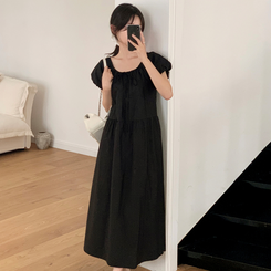 ロングワンピース (リゾートルック/体型カバーフィット/ウエストリボン)キエラ Aライン パフスリーブ 半袖ロングワンピース BLACK